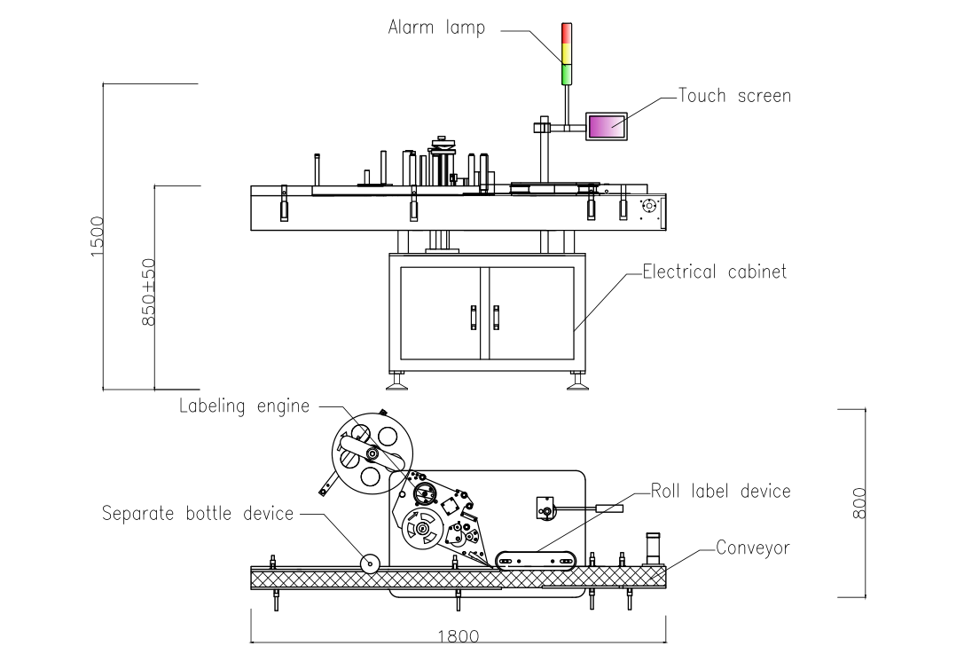 CAD Drawing of Automatic Round Bottle Labeling Machine
